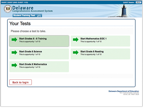 Student Interface - Selecting a Test